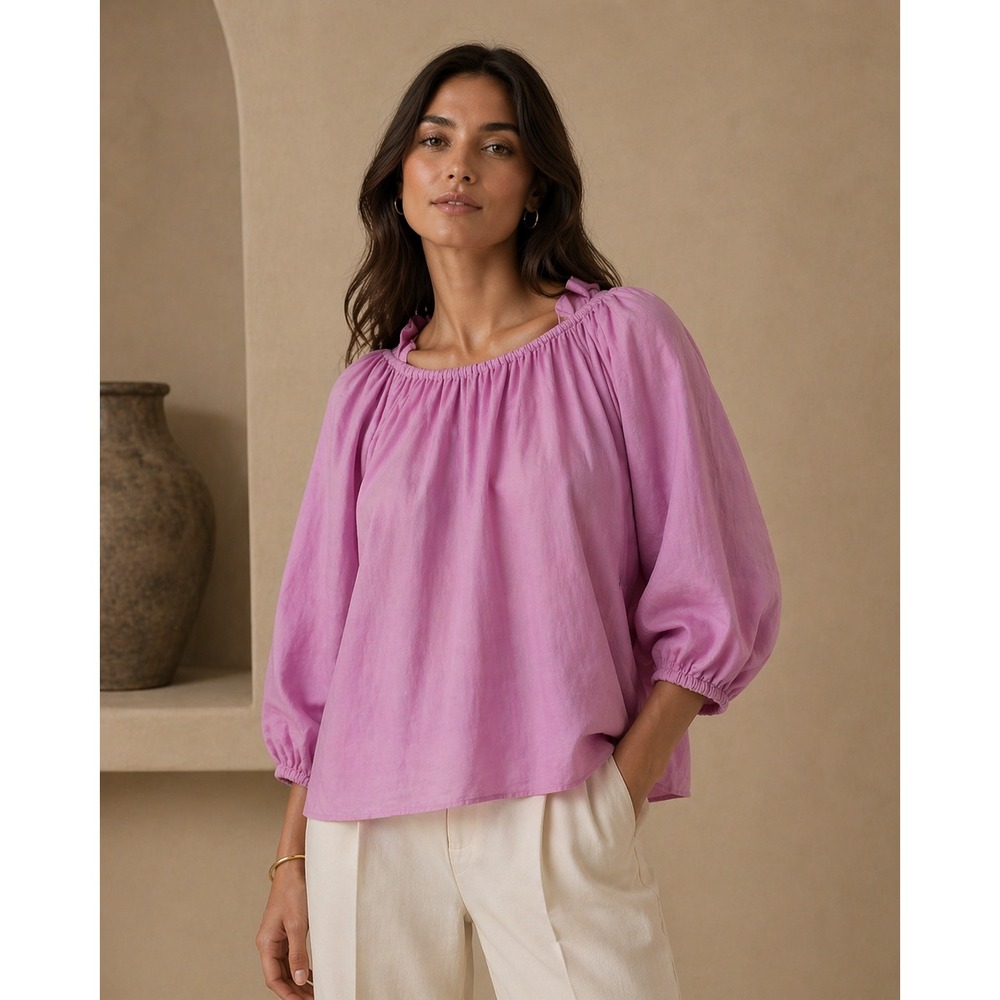 NWT On 34th Womens Pink Linen Blend Puff Sleeve Tie Back Blouse Large